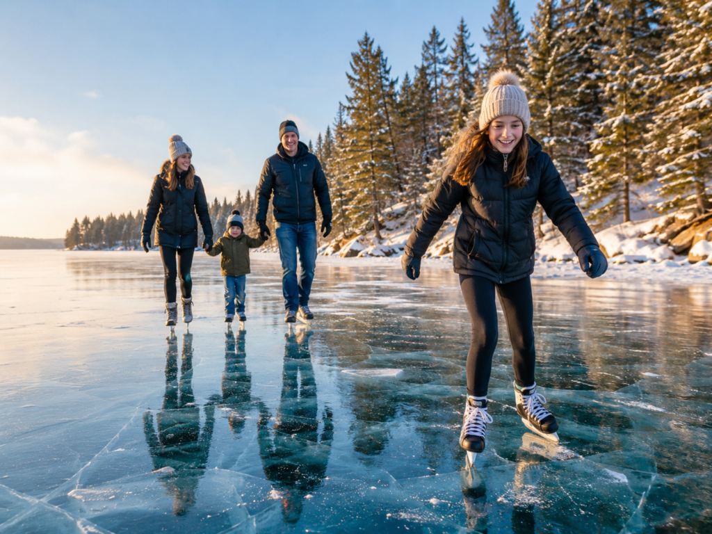 Family skating on frozen lake in Minnesota winter