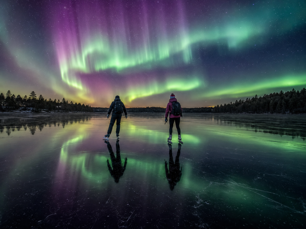 Two people ice skating under northern lights aurora on frozen lake in Voyageurs National Park Minnesota