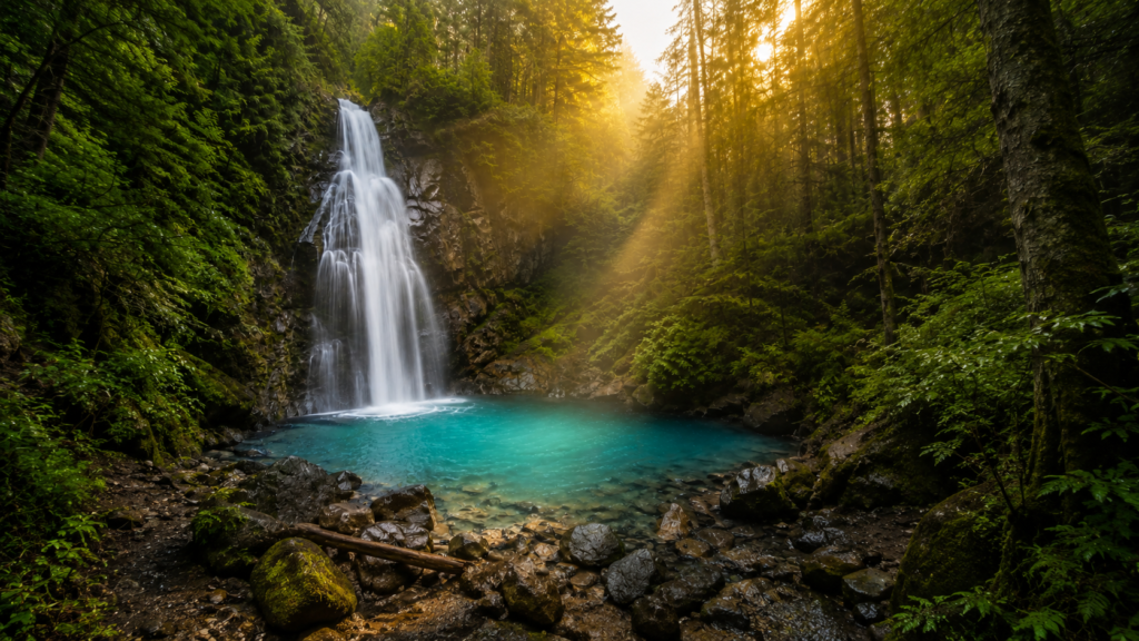 Hidden waterfall in American forest with golden morning light