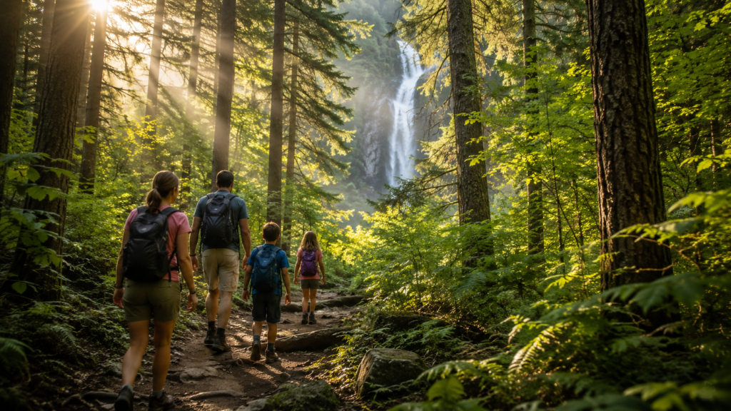Family hiking to hidden waterfall
in American forest