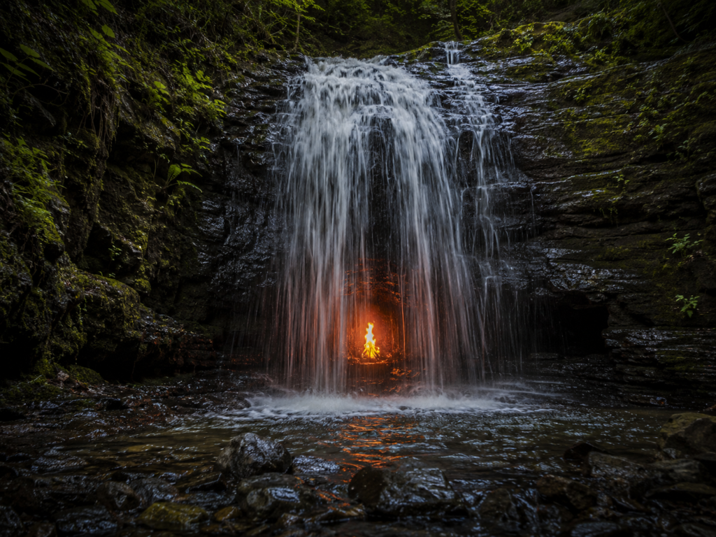 Eternal Flame Falls New York
fire burning behind waterfall