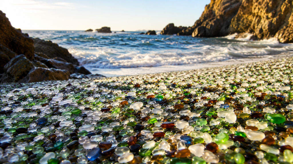 Colorful sea glass covering the shoreline at Glass Beach in Fort Bragg, California