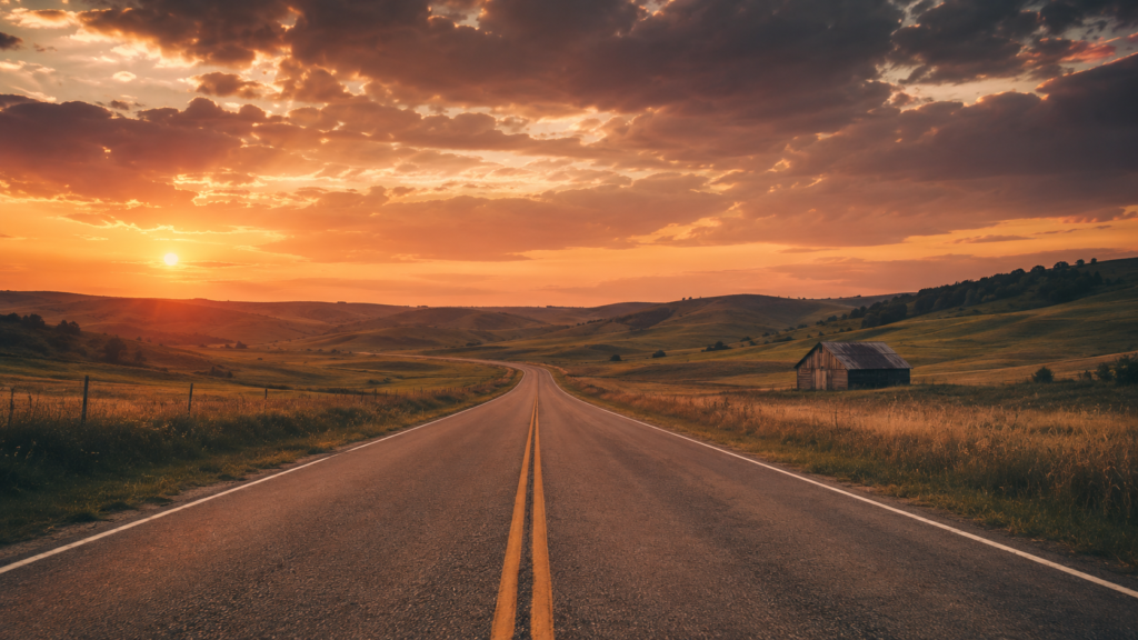 American open road at golden hour — Reality Rewind USA