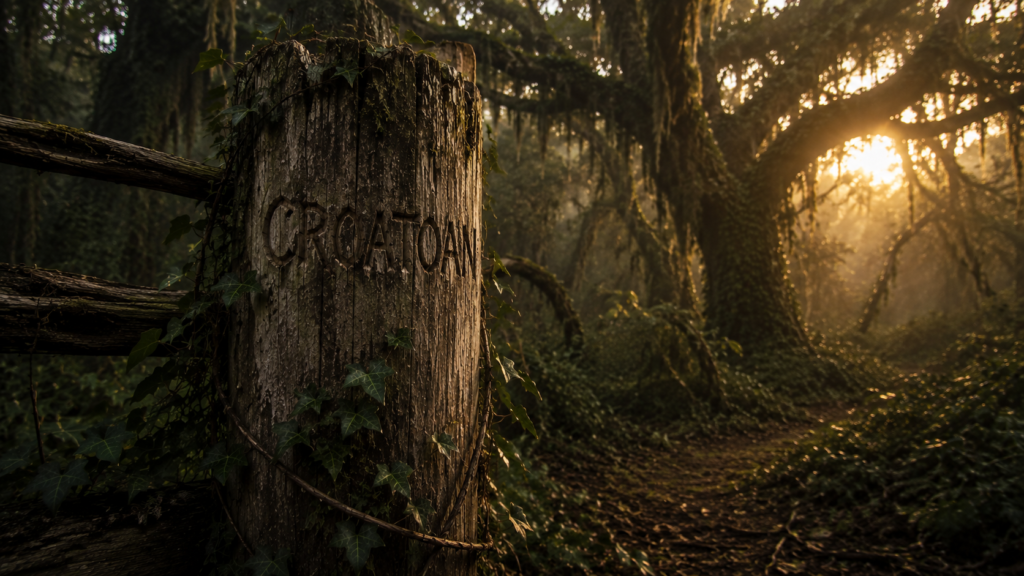 The word CROATOAN carved into a weathered wooden post in a dark colonial forest — the mystery of Roanoke's lost colony