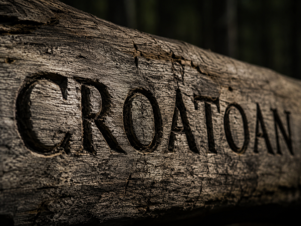 Close-up of the word CROATOAN carved deeply into weathered grey wood at the abandoned Roanoke settlement