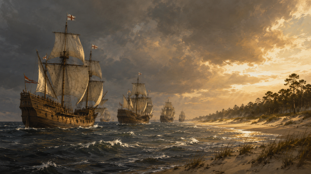English sailing ships approaching the forested Outer Banks coastline in 1587 carrying the Roanoke colonists