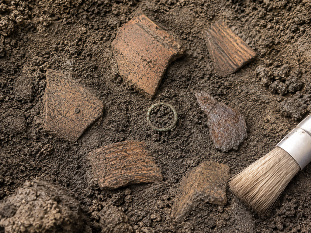 Copper wire ring and fragments of 16th-century English pottery discovered at the Elizabethan Gardens archaeological site 2023